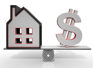 Graphic image of a home and dollar sign balancing on a teeter-totter